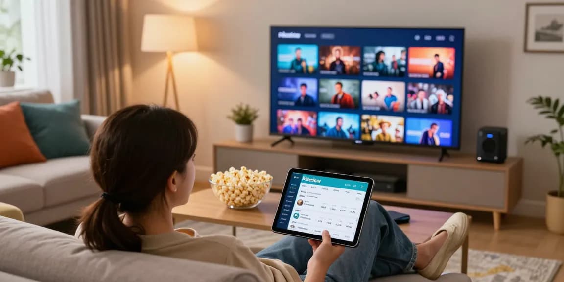 Pikashow user enjoying seamless streaming on smart TV with cozy popcorn setup and vibrant living room.