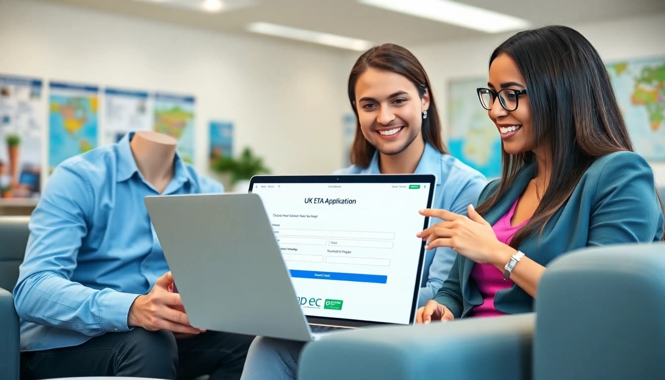 Guide through the uk eta online application process with a supportive travel advisor in a bright office.