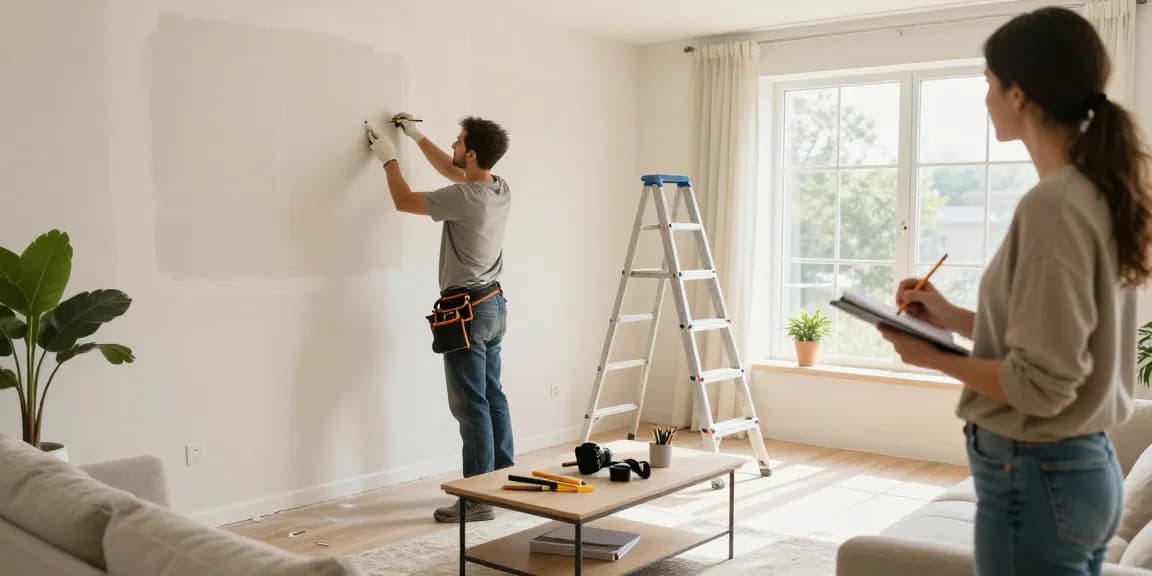 HubPro home services handyman repairing drywall in a bright living room.