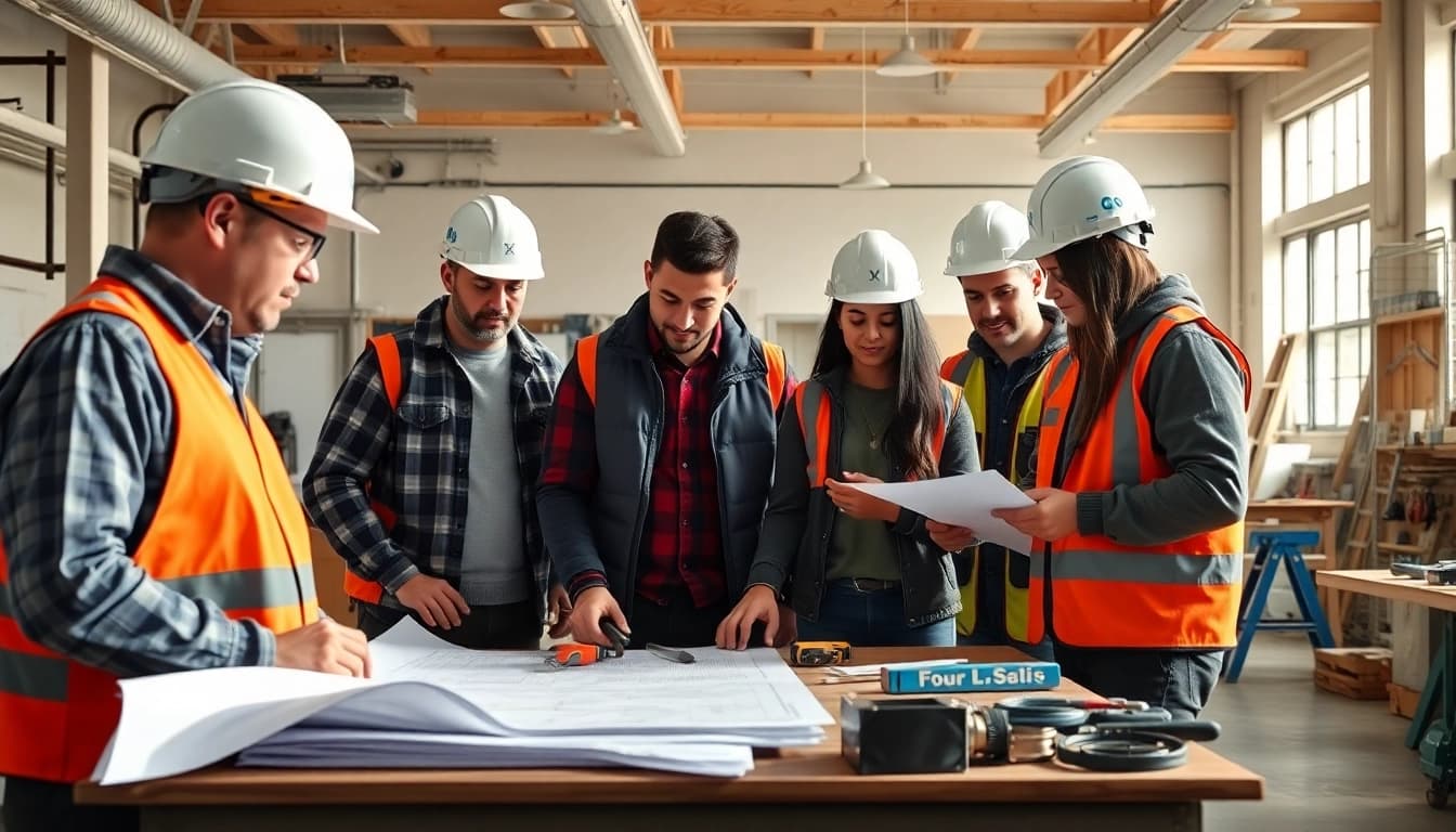 Engaged students in construction craft training workshop using tools and blueprints.