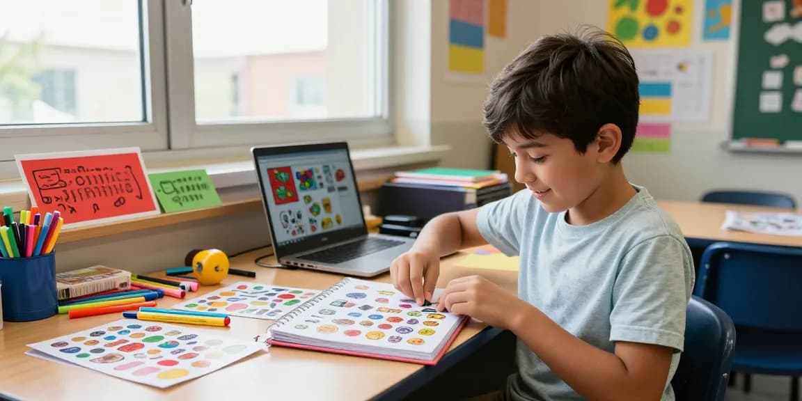 Child joyfully organizing a reusable sticker book with colorful art supplies in a bright classroom.