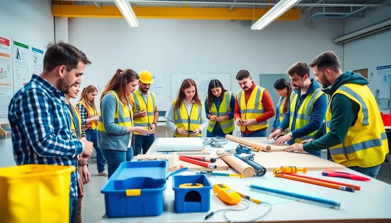 Engaged trainees in construction training focusing on practical skills in a collaborative environment.