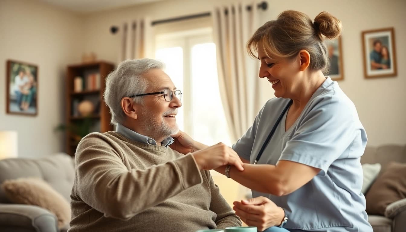 Engaging scene of at home senior care with a caregiver supporting a senior in a living room.