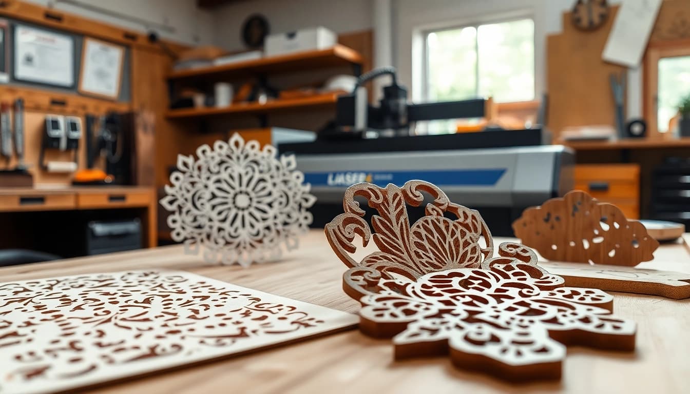 Showcasing custom laser design projects with intricate details and tools on display.