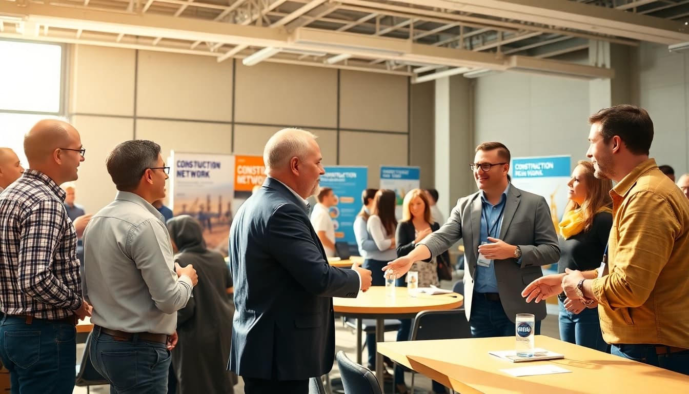 Professionals networking at a construction network association event showcasing collaboration.