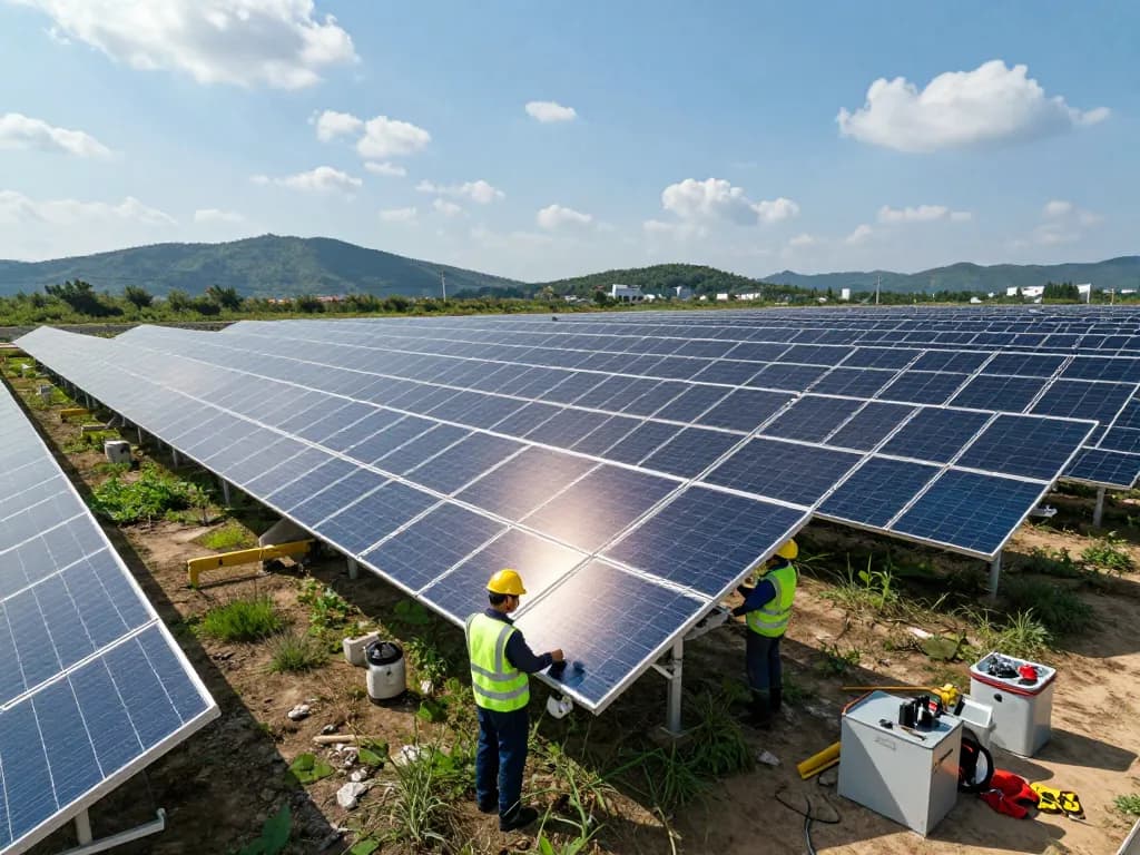Captivating view of moduly pro velké solární elektrárny in a solar farm setting with technicians inspecting panels.