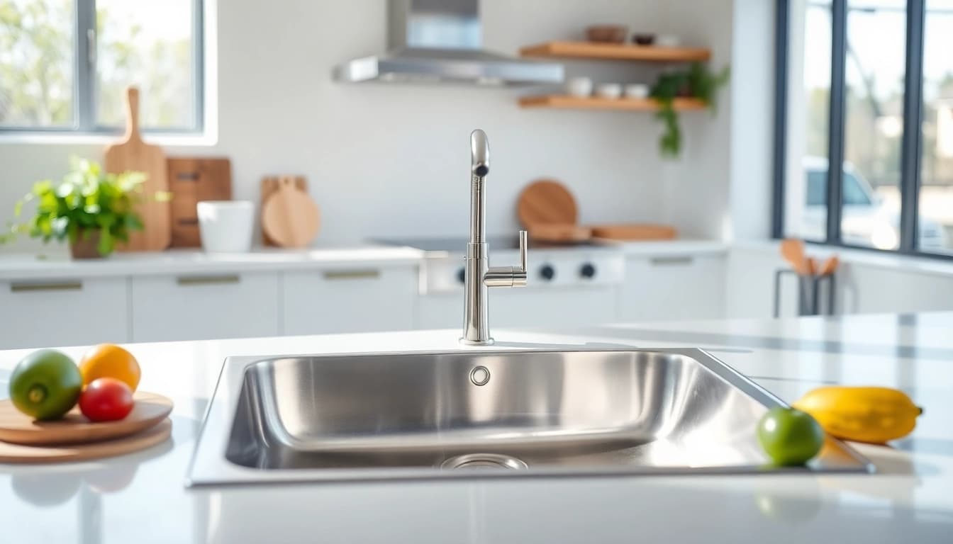 Admire the sleek and polished stainless steel sink in a beautifully lit modern kitchen.