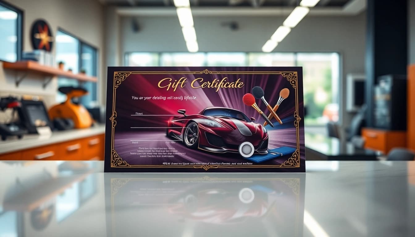 Gift a car detailing gift certificate, showcasing elegant design and luxury detailing tools.