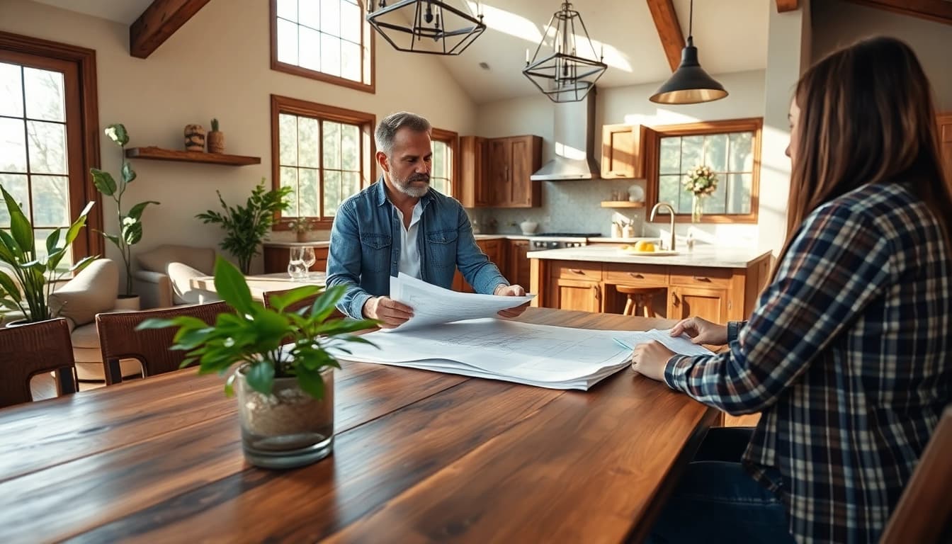 Custom home renovation contractor Austin collaborating with clients on design plans.