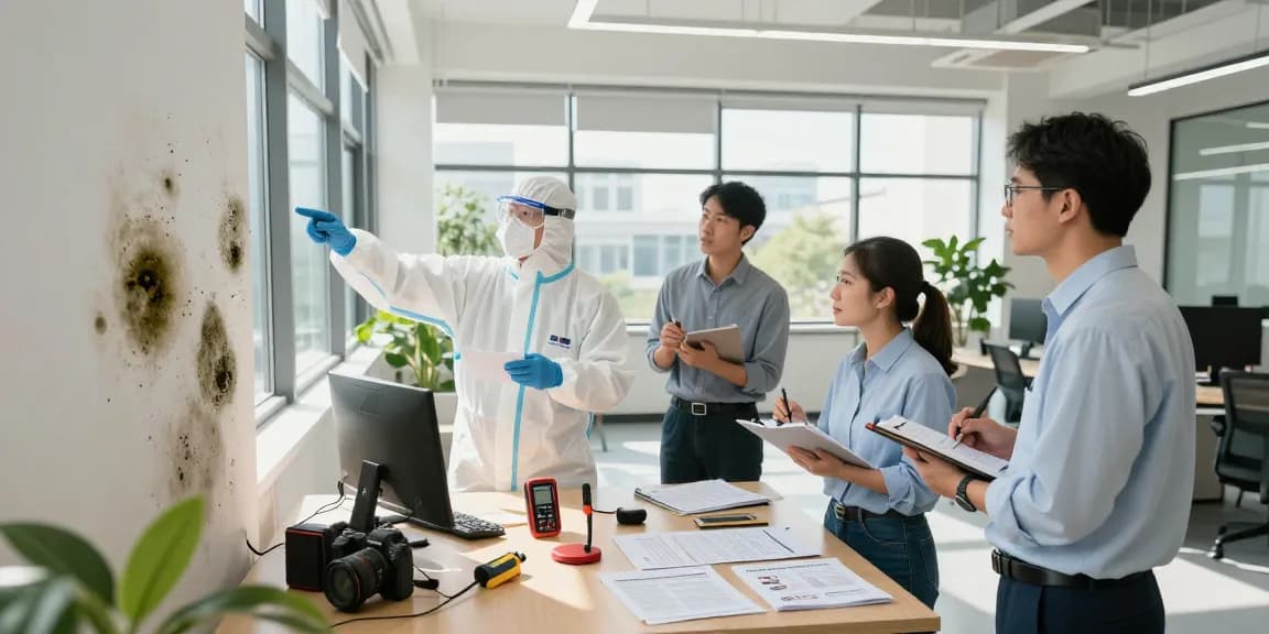 Team performing commercial mold remediation inspection in a professional office, identifying mold patches with advanced testing equipment.