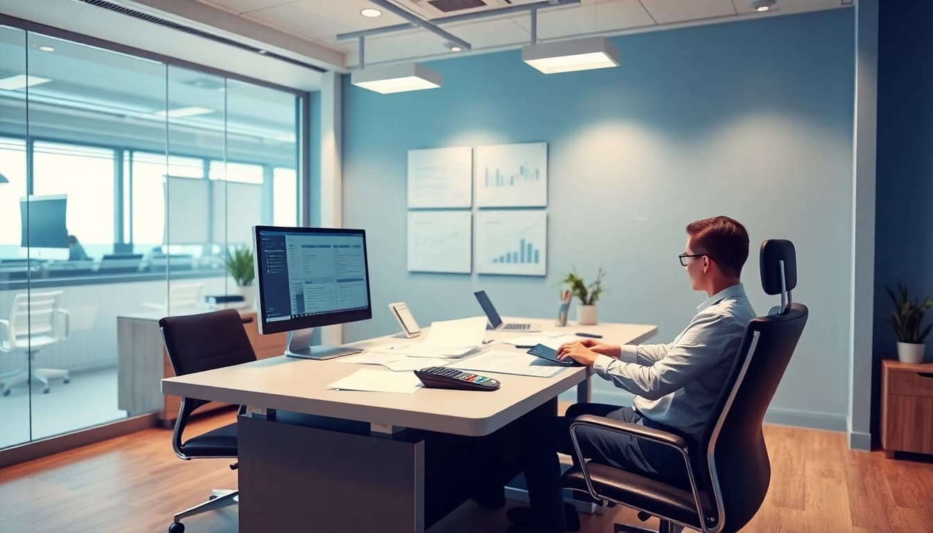 Tax preparer in a modern office setting, showcasing professionalism and expertise.