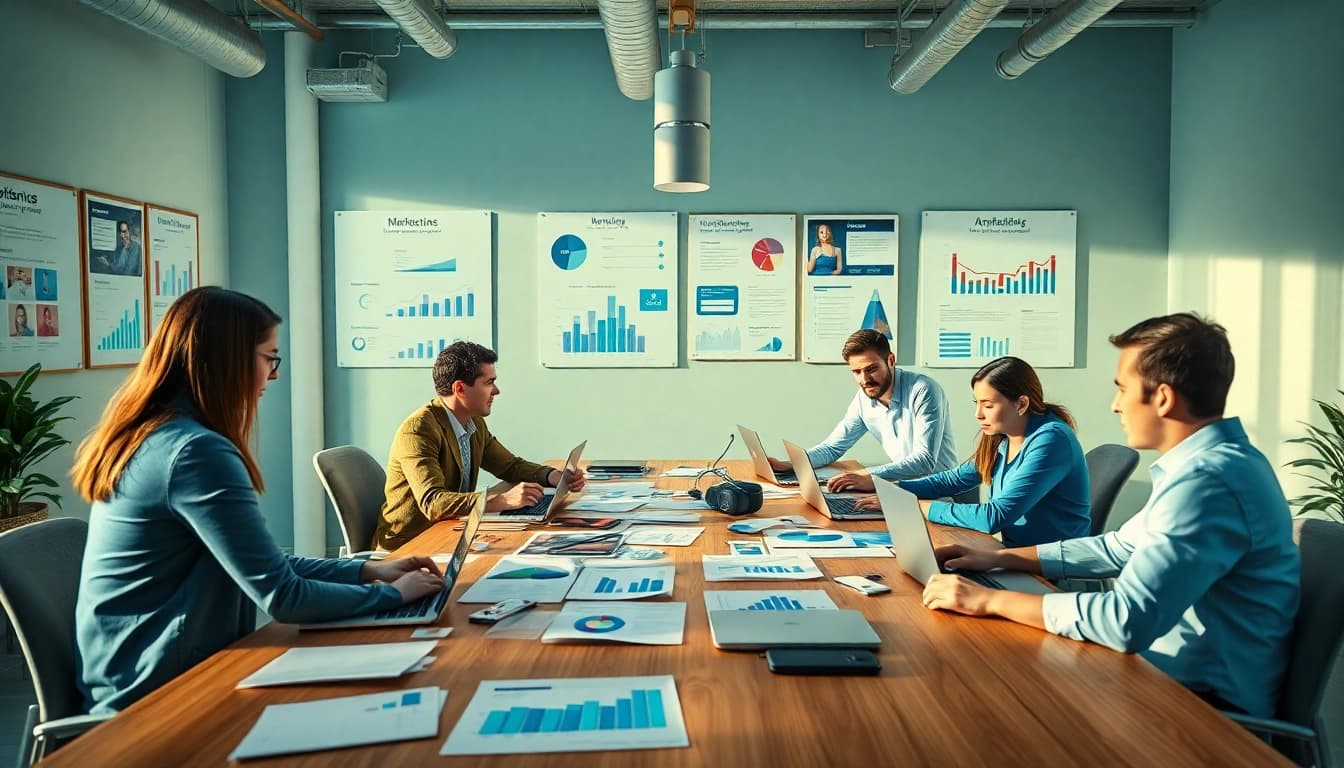 Equipo colaborando en una agencia de marketing digital moderna, mostrando creatividad y trabajo en equipo en un espacio de trabajo vibrante.