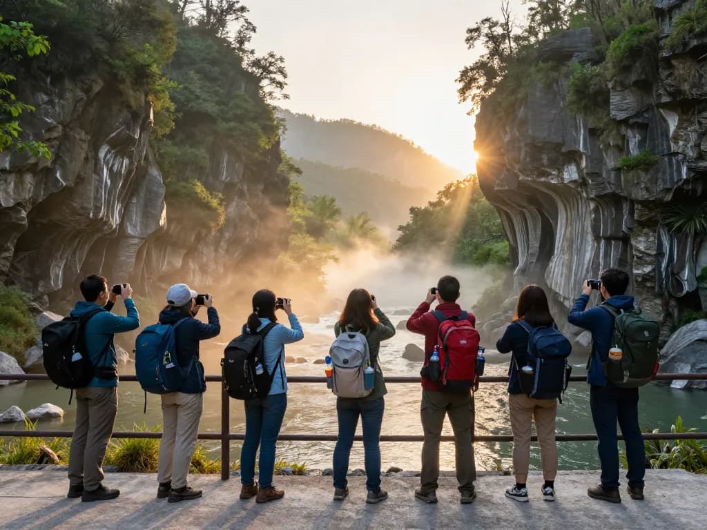 Group of travelers enjoying the Taroko Gorge tour at sunrise, capturing the scenic beauty and adventure.