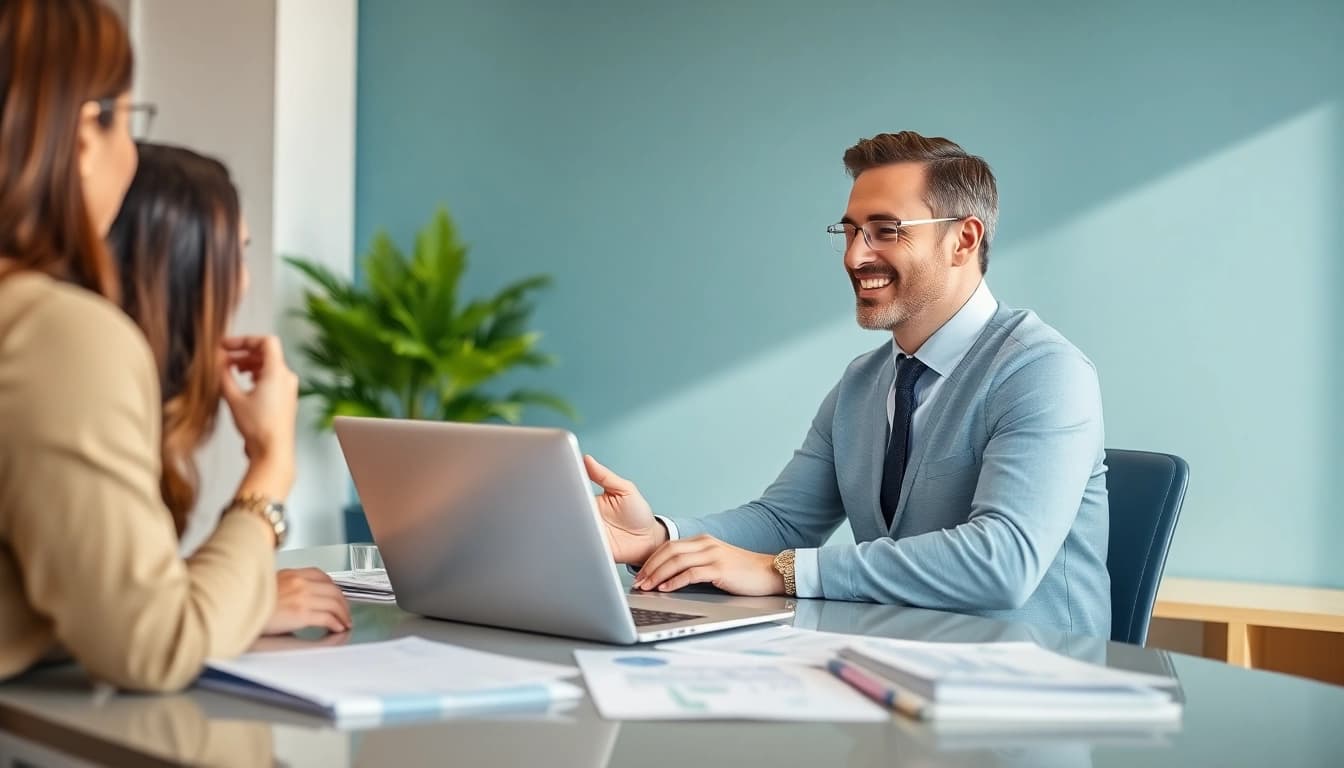 Deliver effective investment advice with a financial advisor assisting clients in a bright office.