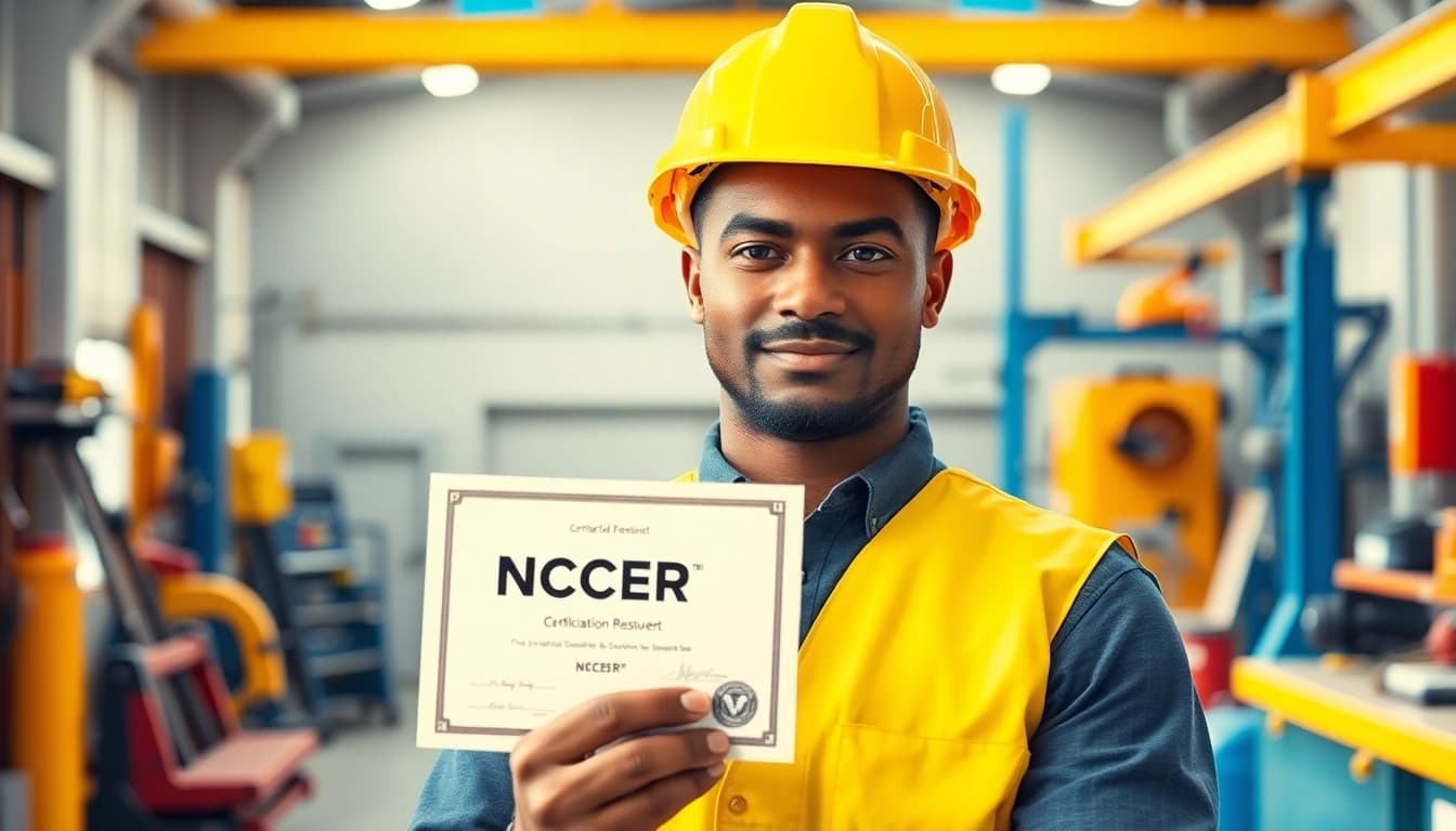 NCCER certification showcased by a skilled worker in a vibrant workshop.