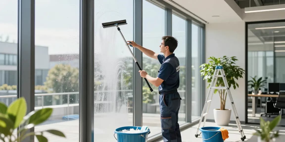 Window cleaning technician demonstrating professionalism while showcasing glasreinigung preis for a spotless office environment.