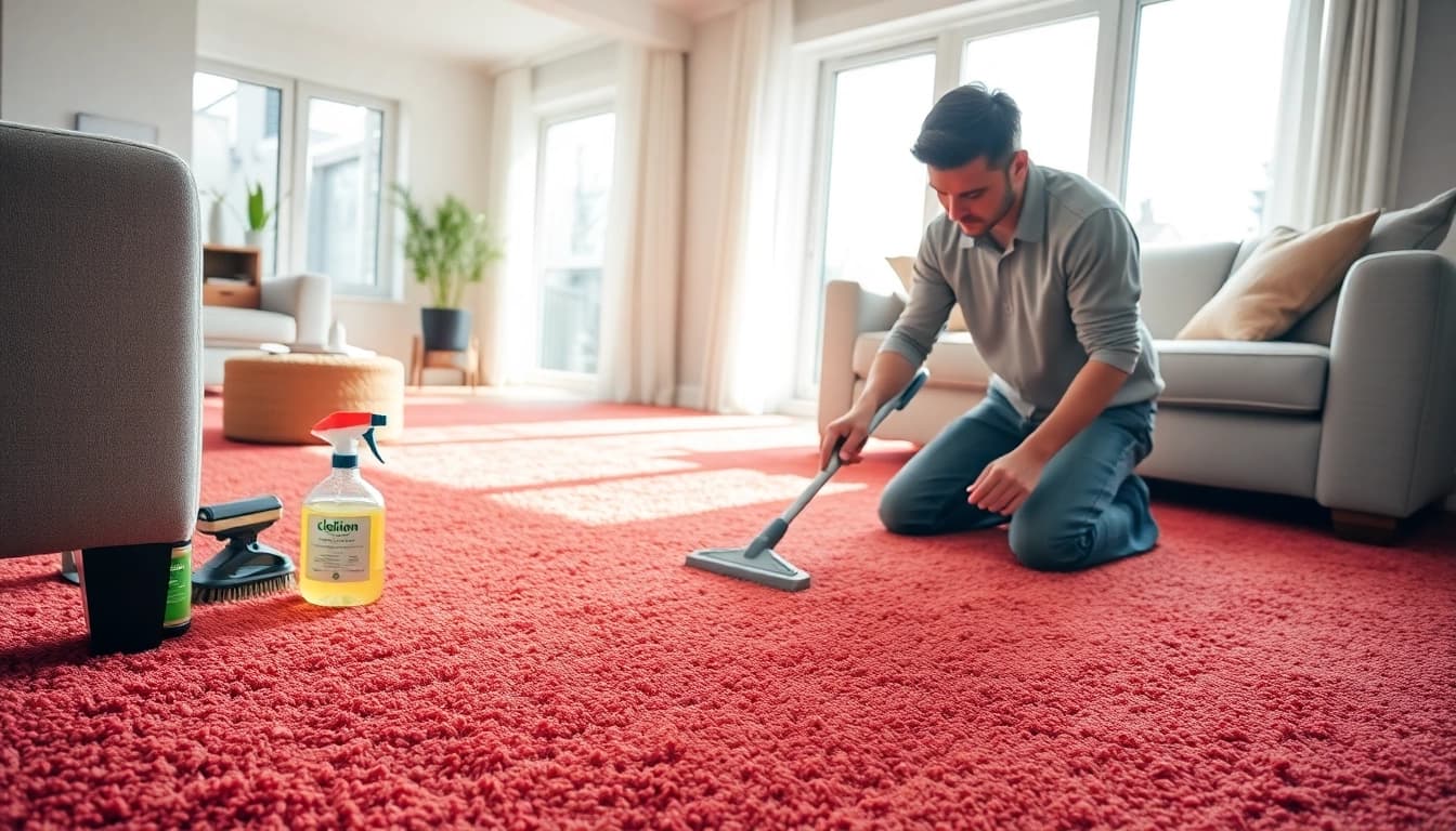 Local carpet cleaners actively treating stains in a cozy living room.