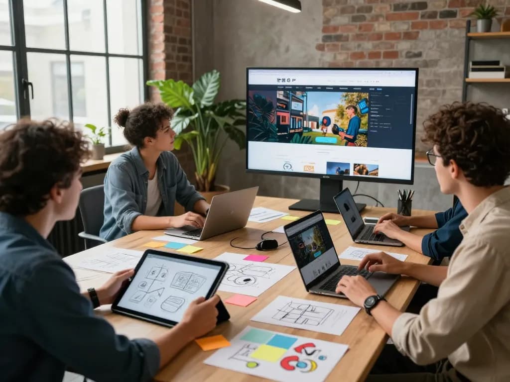 Web Design Agency team brainstorming creative ideas in a modern studio