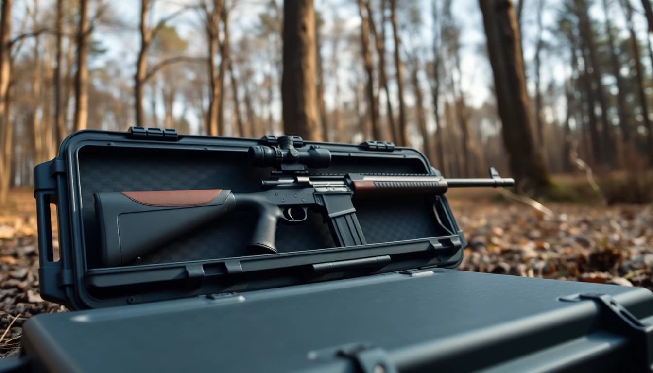 Pelican gun case for sale showcasing durability and waterproof design in an outdoor setting.