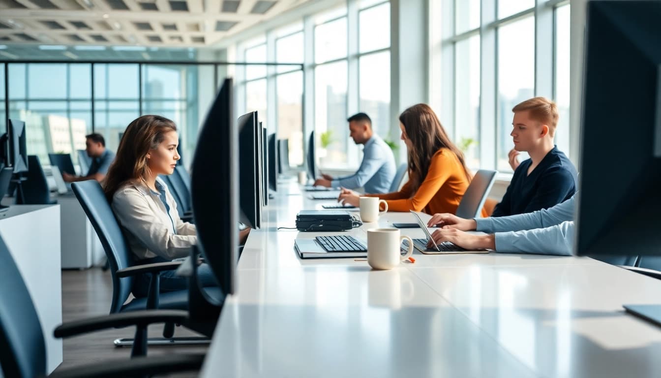 Experience a Typing Center with professionals utilizing advanced technology in a productive workspace.