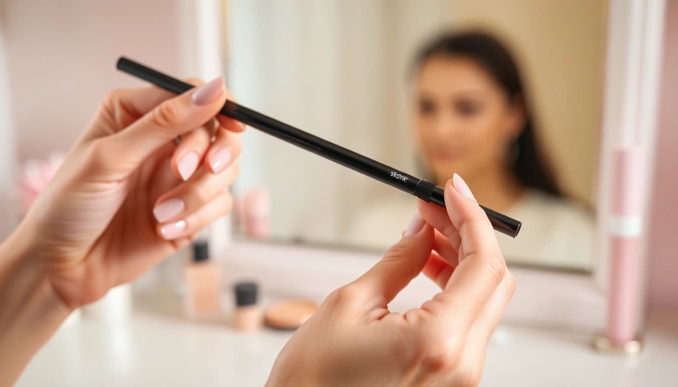Applying the skone cosmetics brow wand for flawless, defined brows in a sophisticated setting.