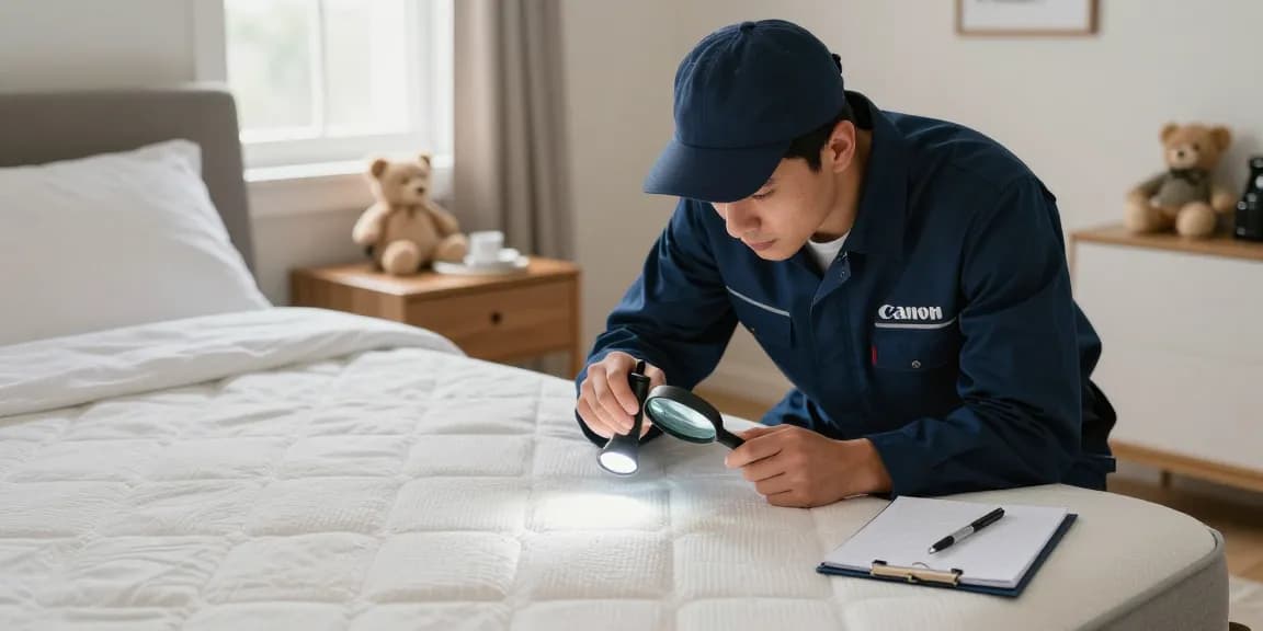 Professional technician conducting bed bug treatment inspection in a well-lit bedroom, ensuring thorough evaluation for effective pest control.