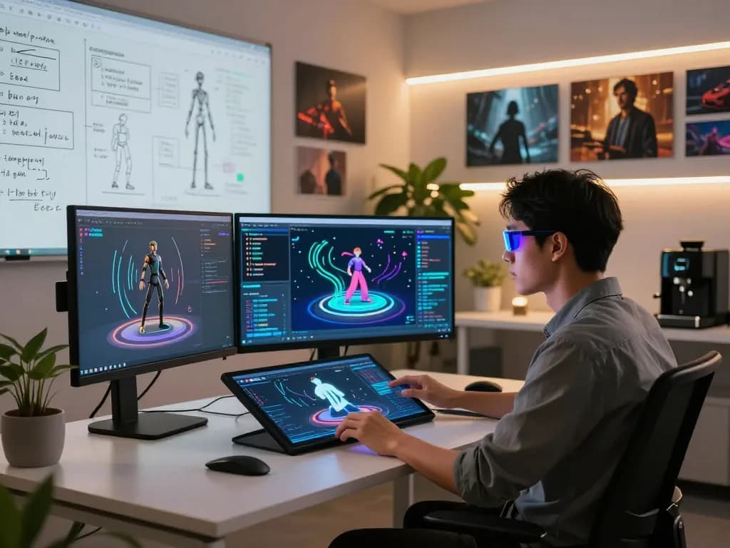 Innovative AI workspace showcasing mind control technology development in a high-tech office setup.