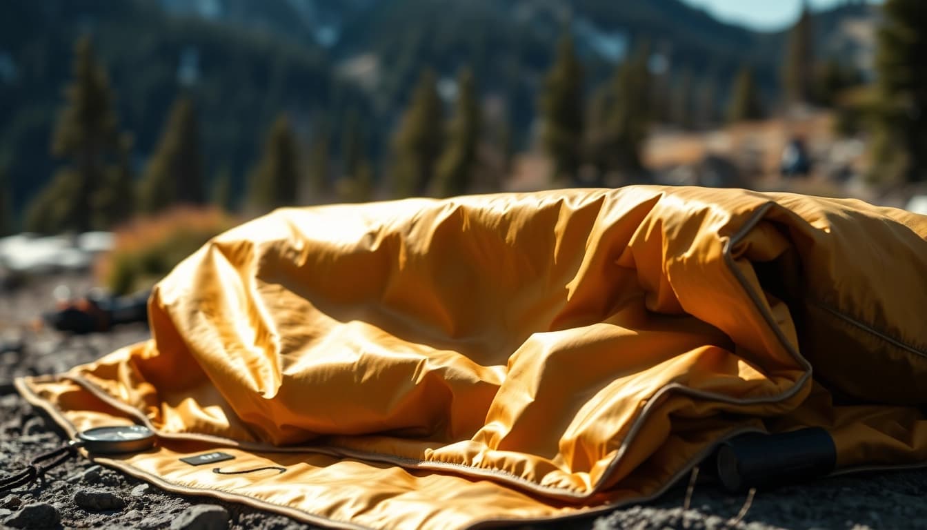 Emergency blanket neatly folded in a serene outdoor survival setup with survival tools.