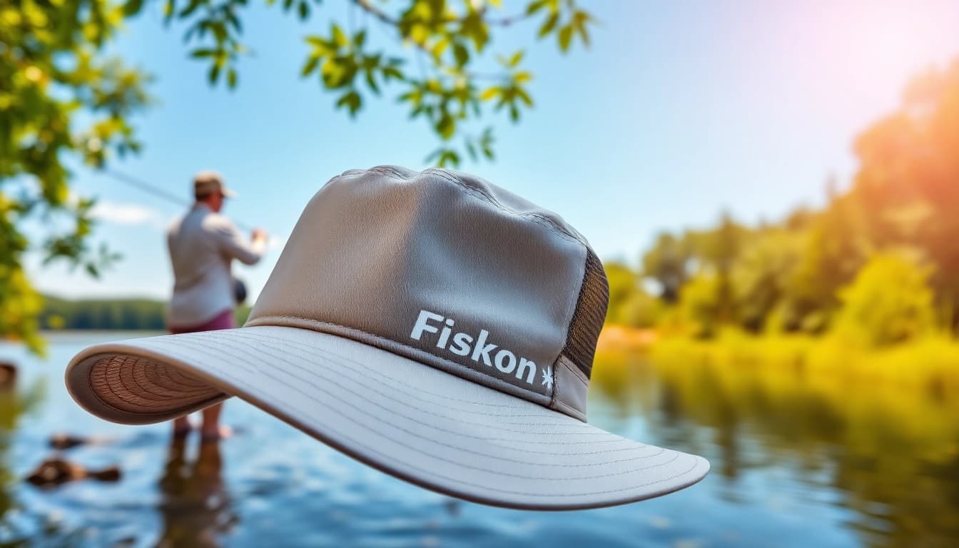 Man wearing a fly fishing hat while casting a line in a tranquil setting.