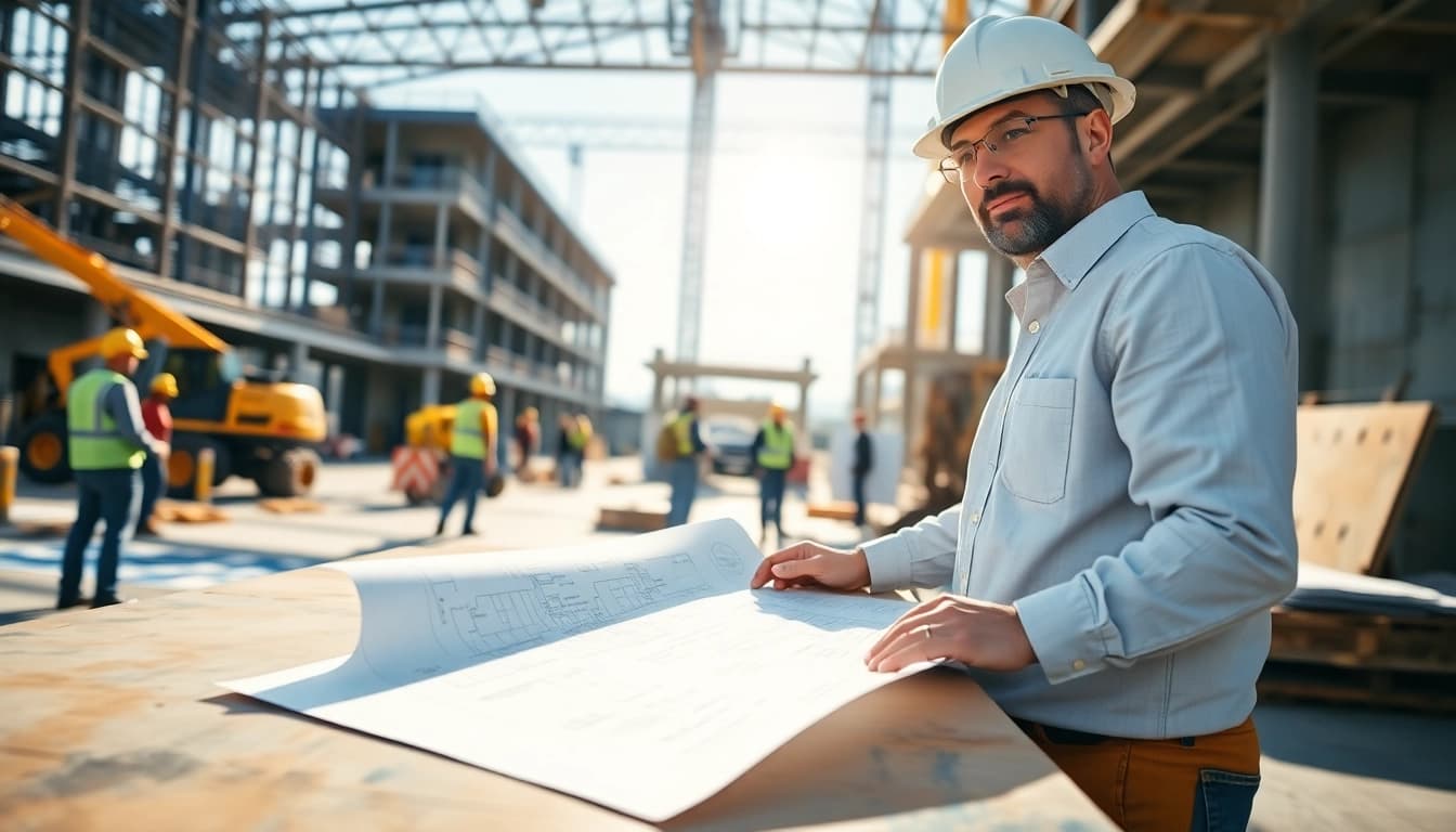 New York General Contractor overseeing a construction site with blueprints and workers in action.