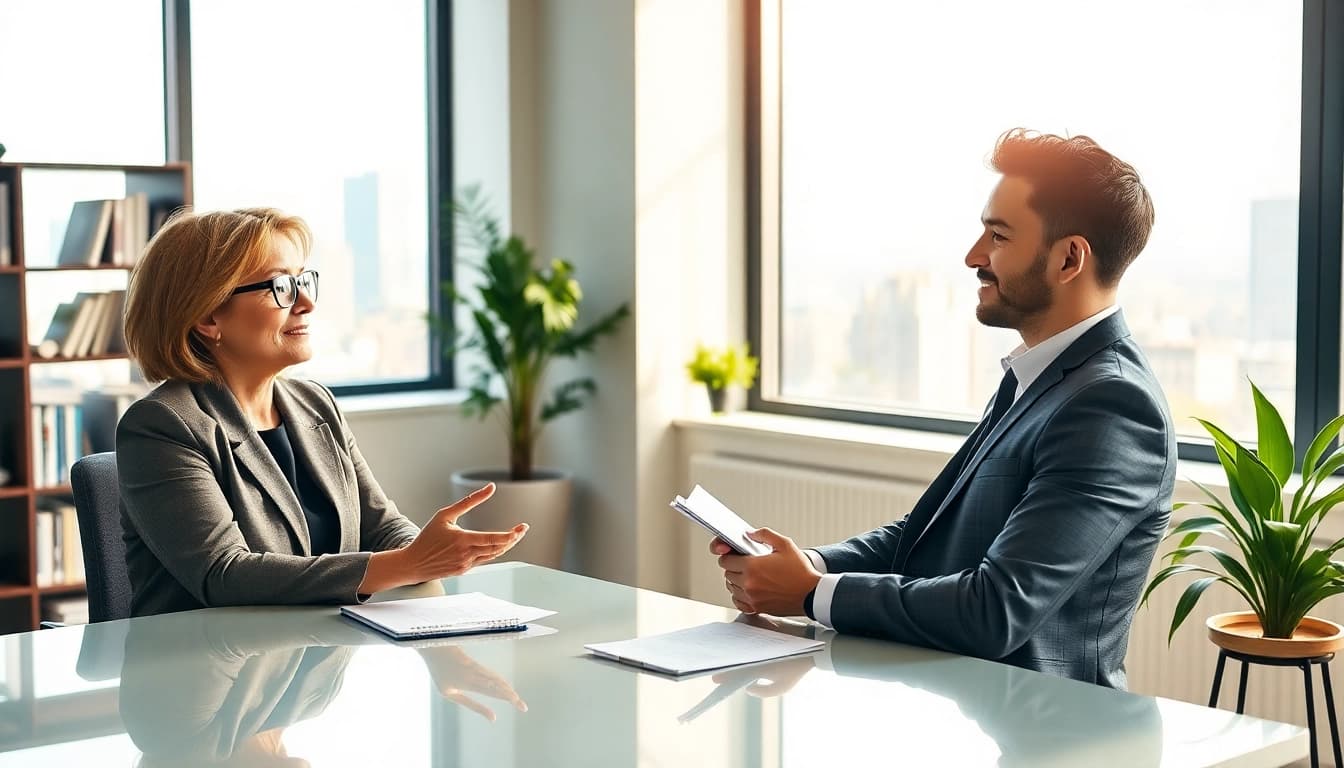 A career coach helps find an ideal career through a focused consultation in a bright office.