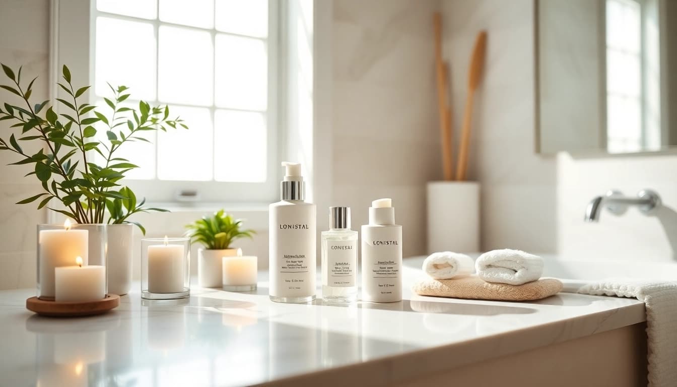 Visual representation of anal bleaching before and after, showcasing skincare products in a calm bathroom setting.