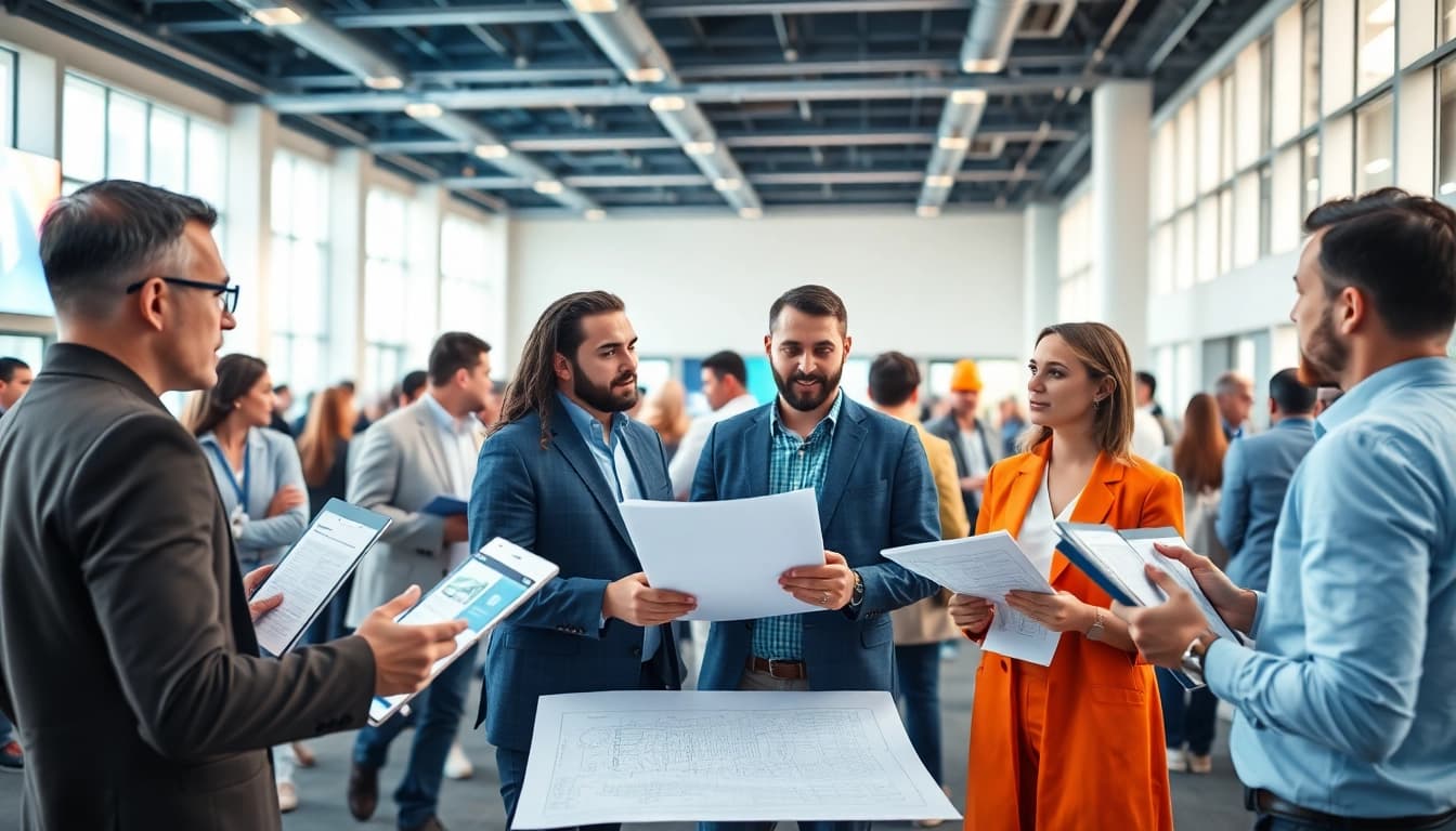 Engaging construction networking event showcasing professionals discussing projects effectively.