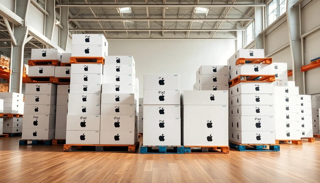 Shop for iPad Pallets for Sale, featuring organized stacks in a modern warehouse.