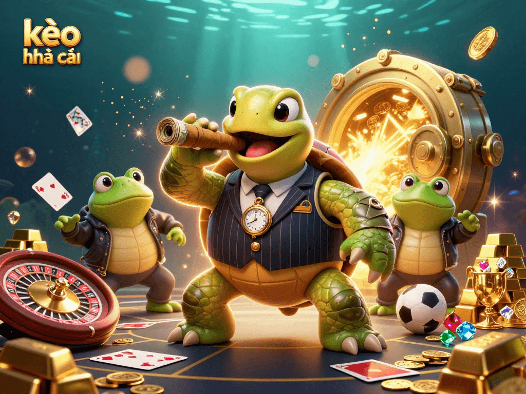Engage with kèo nhà cái through an exciting 3D illustration featuring a turtle and bullfrogs in a vibrant casino setting.