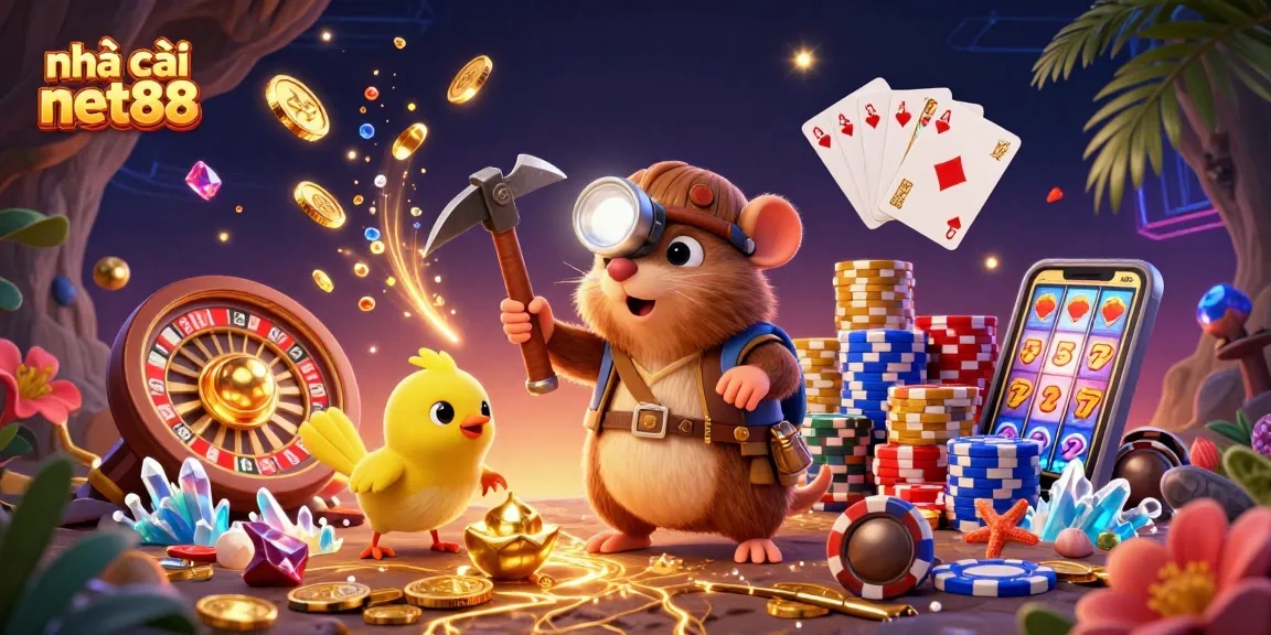 Experience excitement with nhà cái net88 as treasure hunter mole uncovers gems and golden coins in a vibrant, dynamic casino scene.