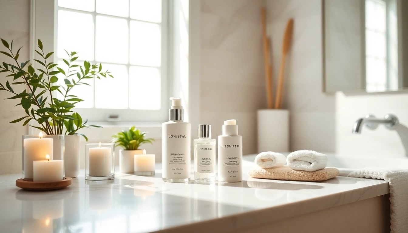 Visual representation of anal bleaching before and after, showcasing skincare products in a calm bathroom setting.