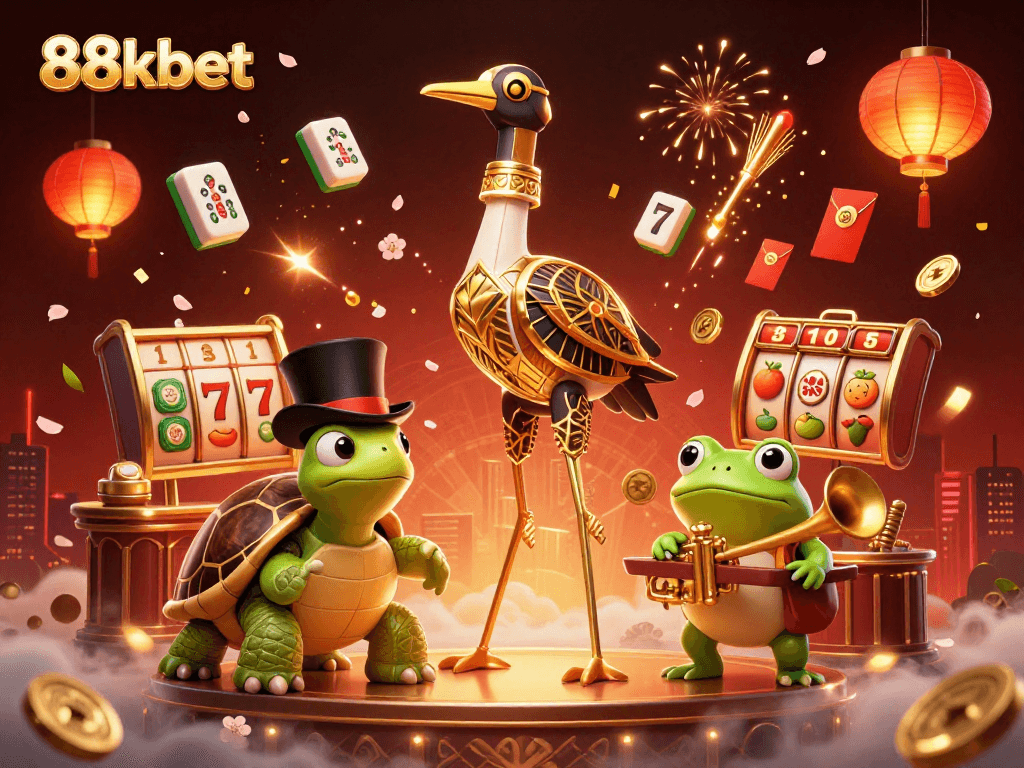 Play thrilling games with 88kbet, featuring vibrant characters and casino excitement in a colorful illustration.
