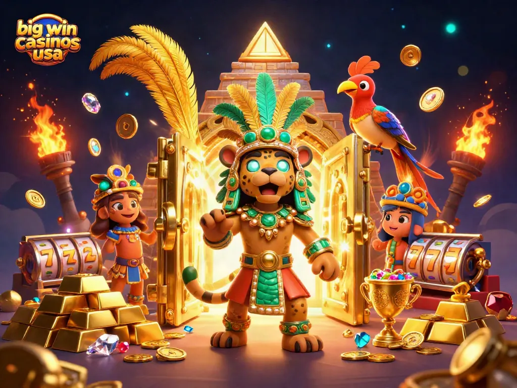 Experience big win casinos usa with vivid slot reels and golden treasures in this dynamic illustration.