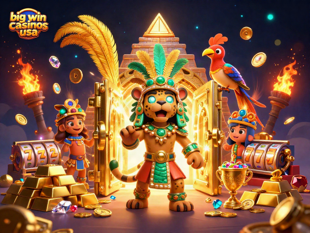 Experience big win casinos usa with vivid slot reels and golden treasures in this dynamic illustration.