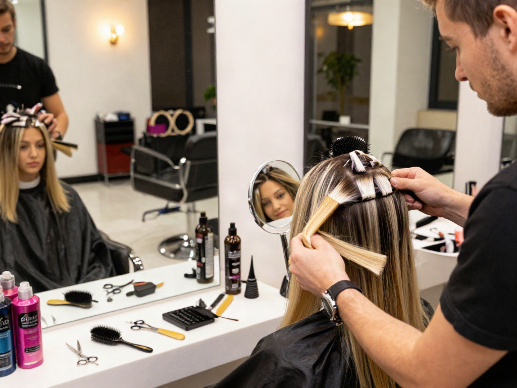 Professional hair extensions application in a modern salon setting with a stylist enhancing a client's look.