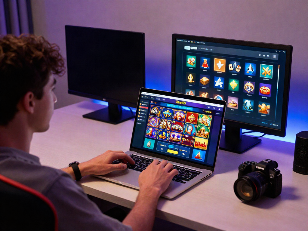 Engaged user exploring the variety of games on https://gem88.jpn.com/ in a vibrant gaming setup.