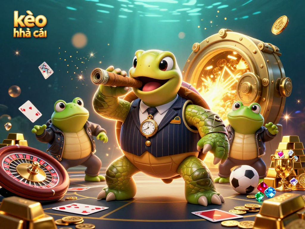 Engage with kèo nhà cái through an exciting 3D illustration featuring a turtle and bullfrogs in a vibrant casino setting.