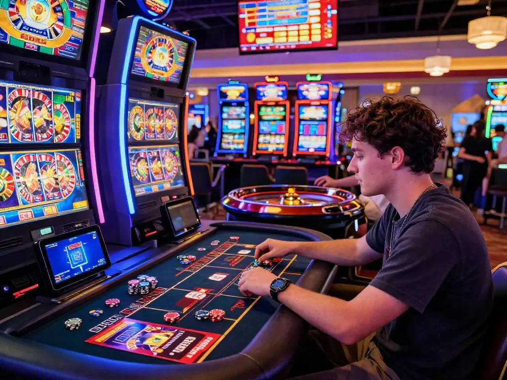 Exciting gaming scene at DA88 online casino featuring a player engaged with slot machines, vibrant atmosphere, and promotional displays.