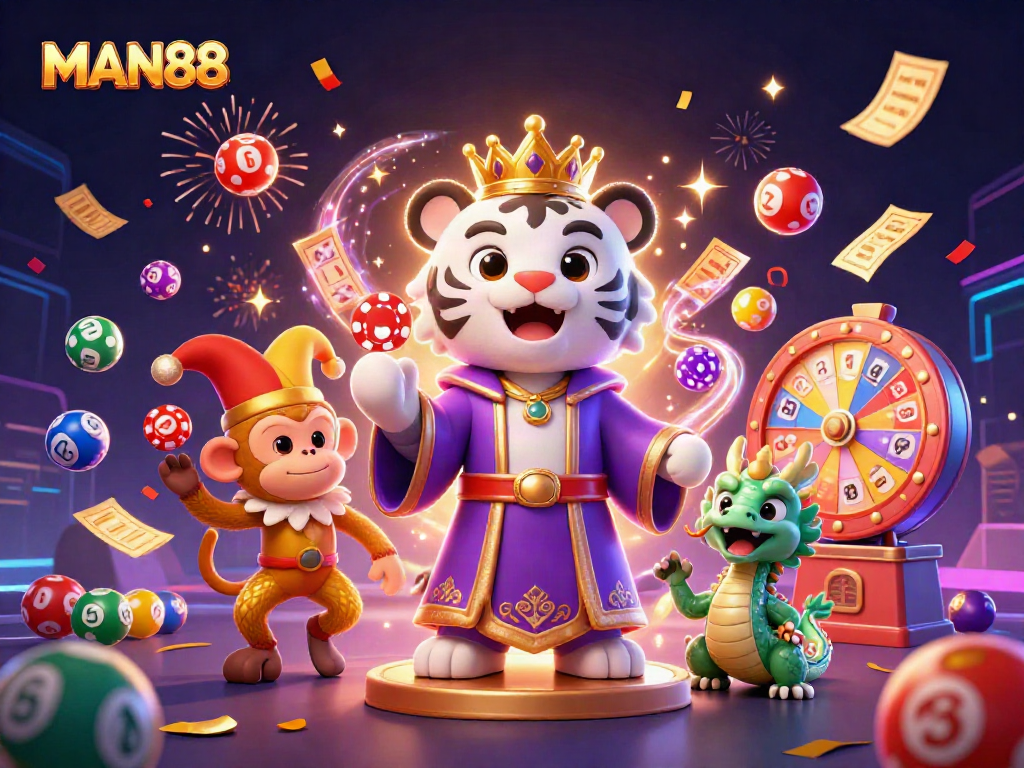 Experience the thrill of MAN88 with dynamic lottery action and lively characters in an enchanting casino scene.