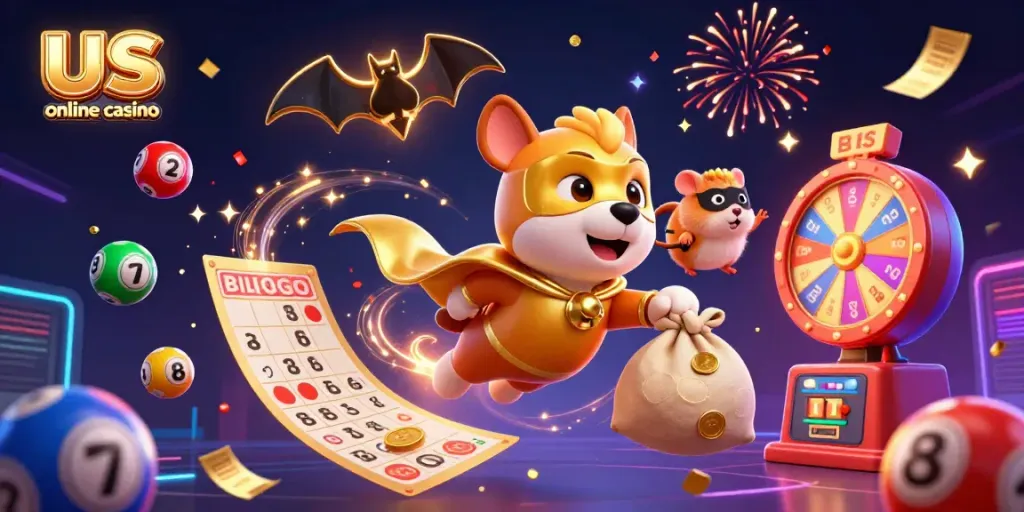 Enjoy the thrill of us online casino gaming with a superhero dog and his sidekick amid vibrant prizes.