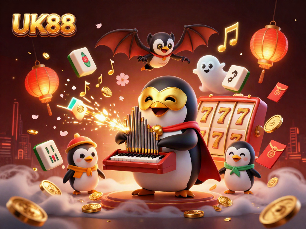 Experience the thrill of UK88 with a vibrant 3D scene featuring a penguin organist and festive casino elements.