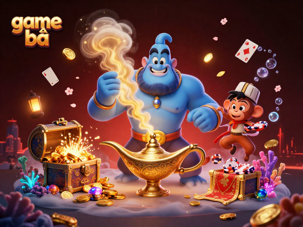 Engage in game bài with a magical scene featuring a blue genie, treasures, and vibrant casino elements.