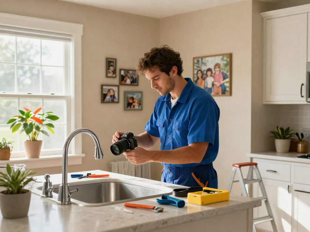 Reliable home repair services Des Moines Iowa, handyman fixing a kitchen faucet with tools in a family living room.
