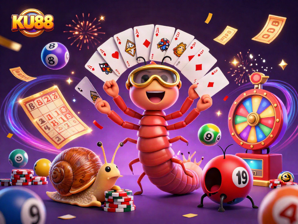 KU88 lottery-themed 3D illustration with a millipede dealer and dynamic game elements.